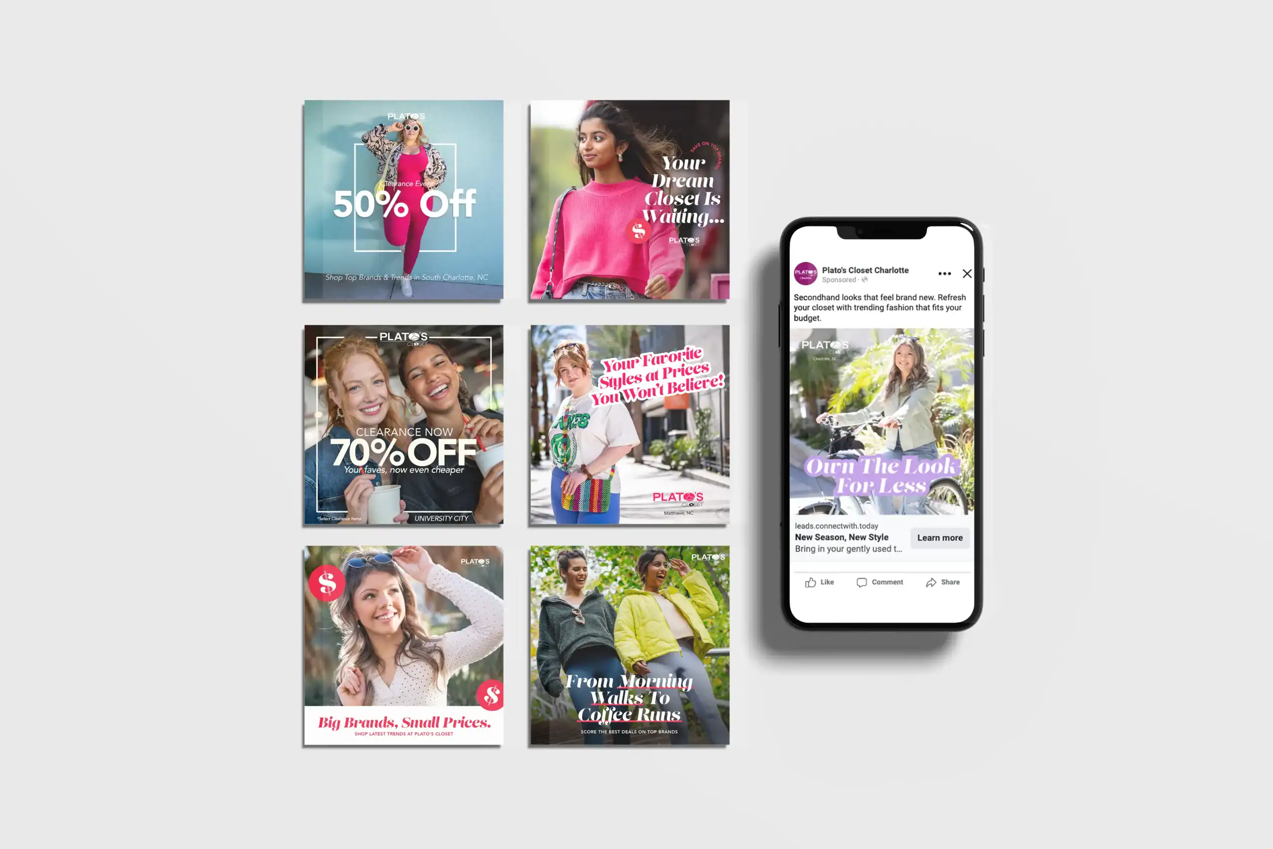 Mockup of The Social Rook digital marketing agency's design creatives for Plato's Closet Charlotte's paid social advertising campaign.